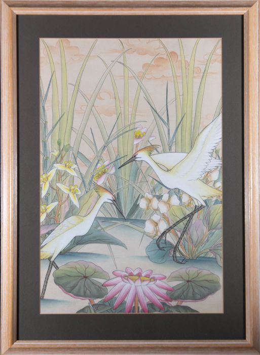 Balinese School 20th Century Gouache - Egrets in Lotus Pond