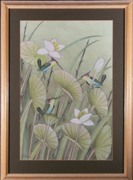 Teta - Balinese School 20th Century Gouache, Birds on Lotus Flowers