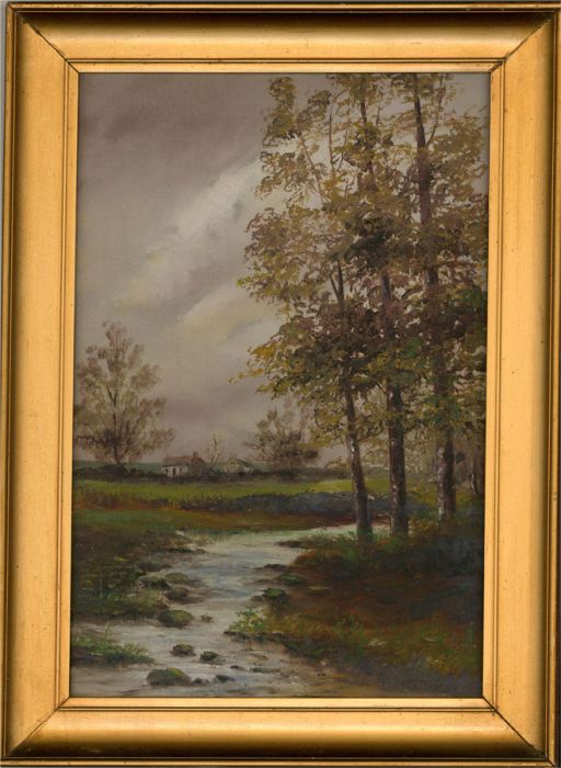 Early 20th Century Oil - Small Stream and Cottages