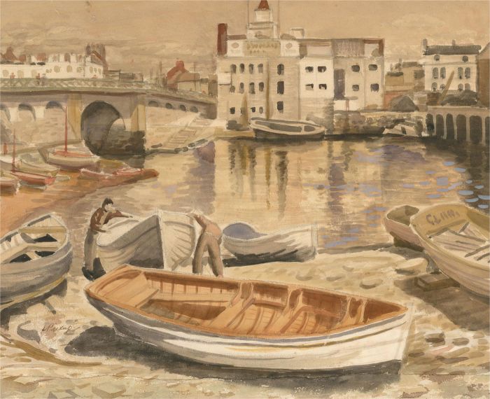 Mid 20th Century Watercolour - Boats in the Harbour