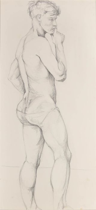 20th Century Graphite Drawing - Posing Male Nude