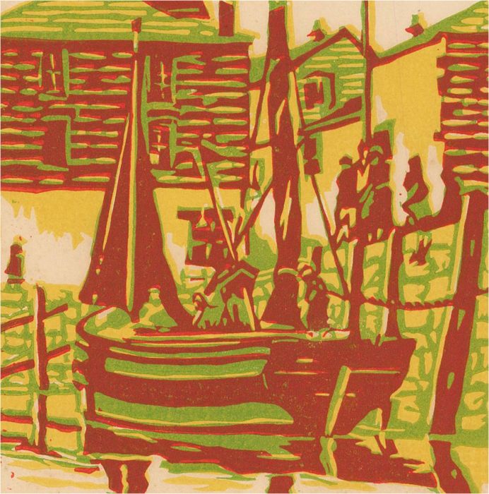 John Baron - Mid 20th Century Woodcut, Mevagissey Harbour