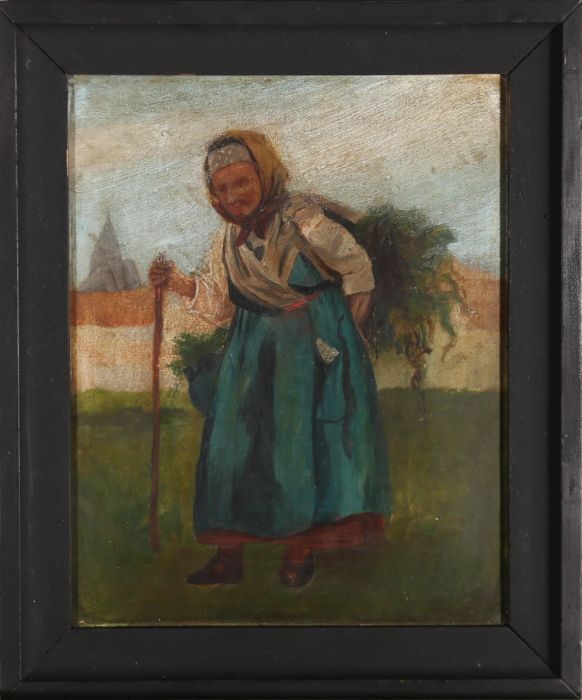 Russian School Early 20th Century Oil - Woman Carrying Wood