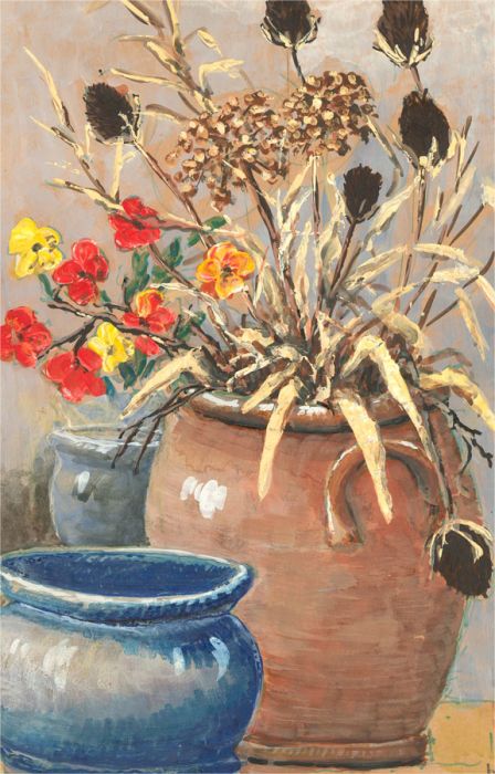 Mid 20th Century Gouache - Dried Flowers & Plant Pots