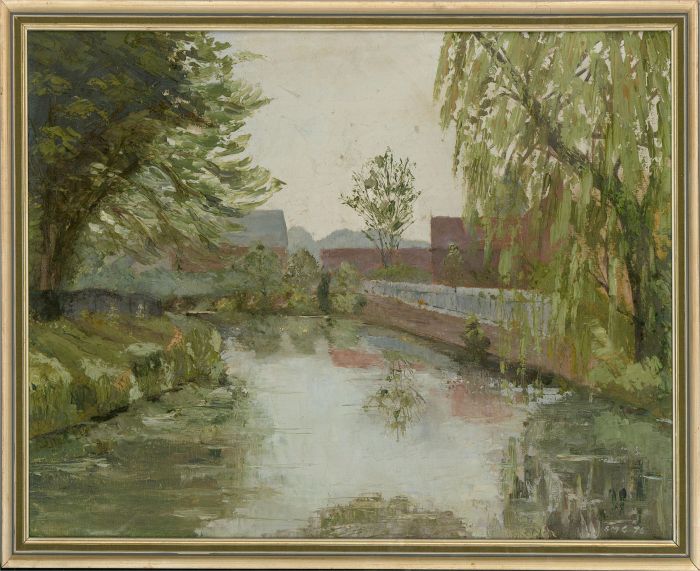 Sylvia Grottick - 1976 Oil, Town Scene with River