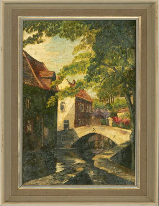 20th Century Oil - Village Scene with Arch Bridge