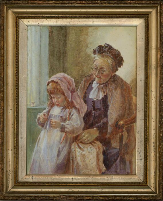 J. H. - Late 19th Century Watercolour, Sewing Lesson