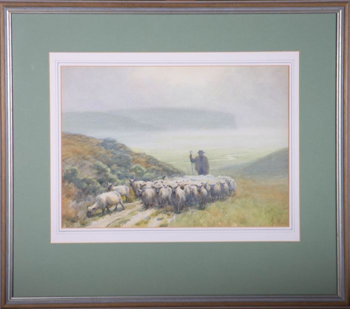 J. Hall - Early 20th Century Watercolour, Shepherd and Flock