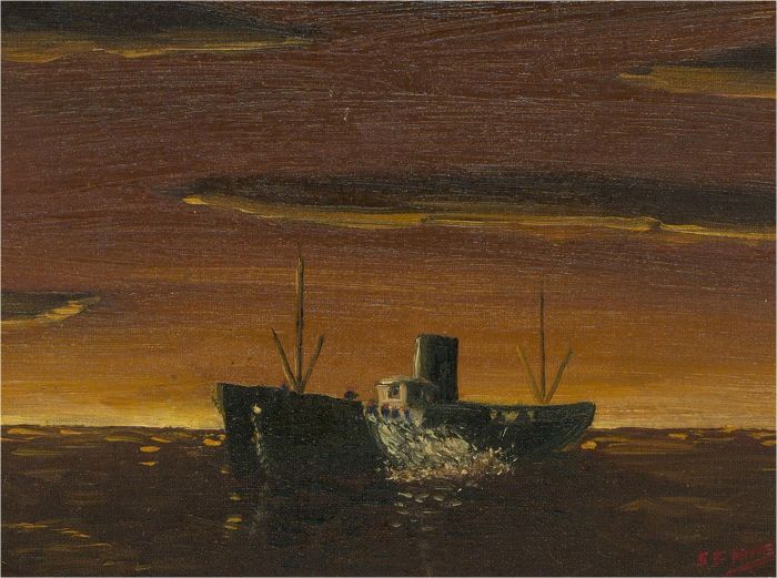 Stewart Charles Hine (1928-2018) - 20th Century Oil, Ship at Sunset