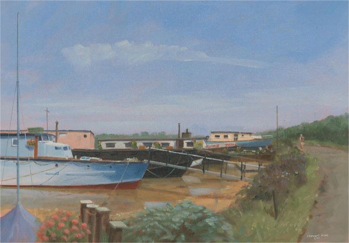 Stewart Charles Hine (1928-2018) - 1999 Oil, Houseboats, Bembridge