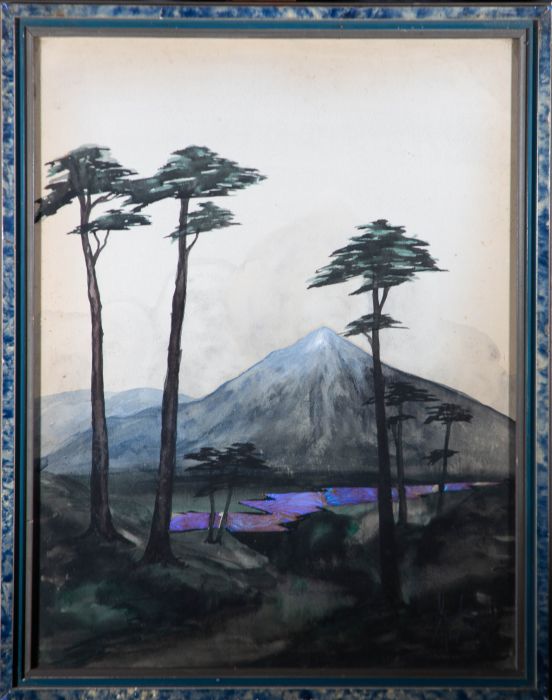 20th Century Watercolour - Mountain Scene with Tall Trees