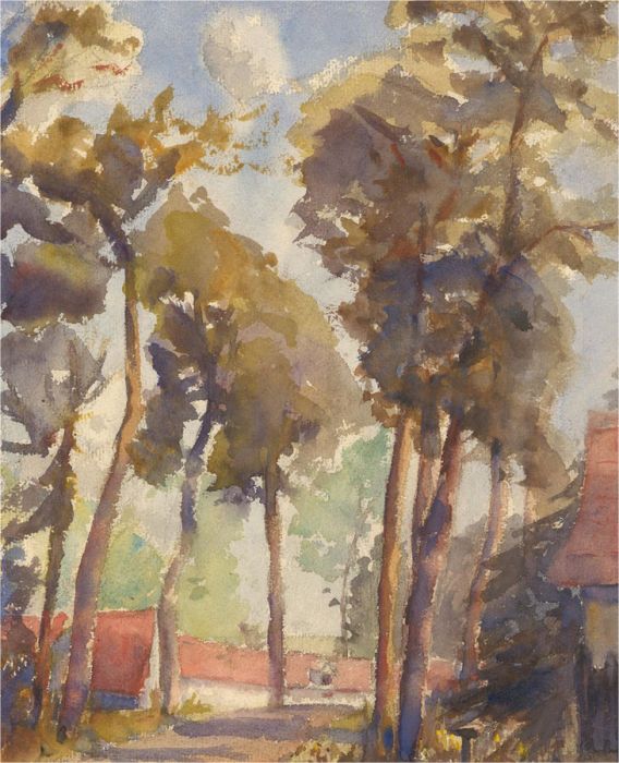 20th Century Watercolour - Rural Village with Tall Trees