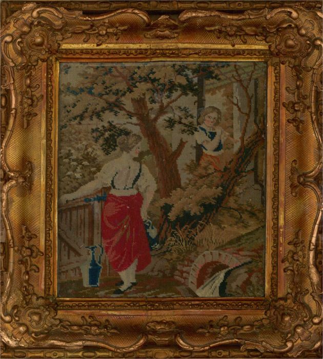 19th Century Needlepoint - Petit Point, The Milkmaid and the Piper