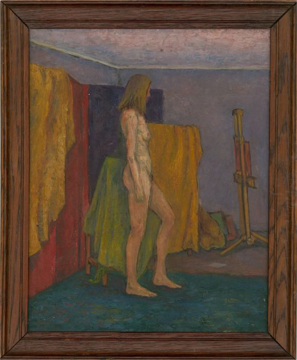 L. M. R. Favell - Contemporary Oil, Nude With Colourful Drapes
