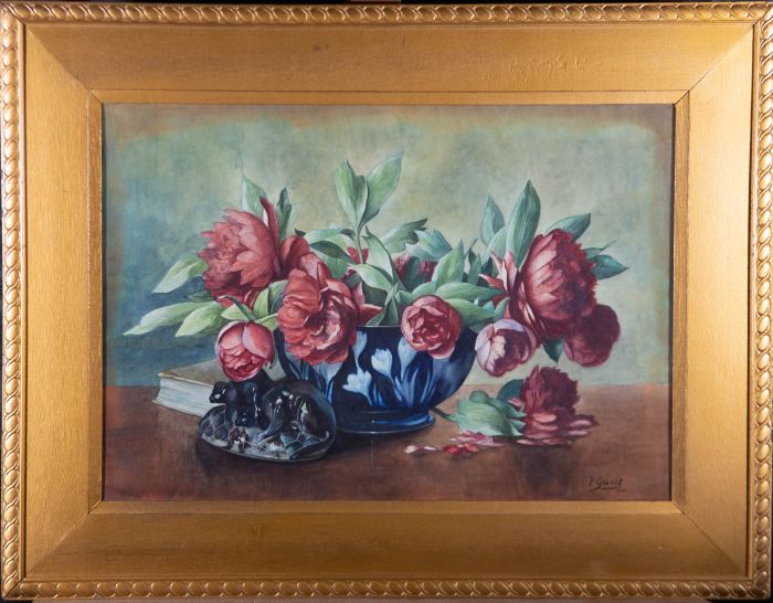P. Granet - 1916 Watercolour, Garden Flowers in a Blue Vase