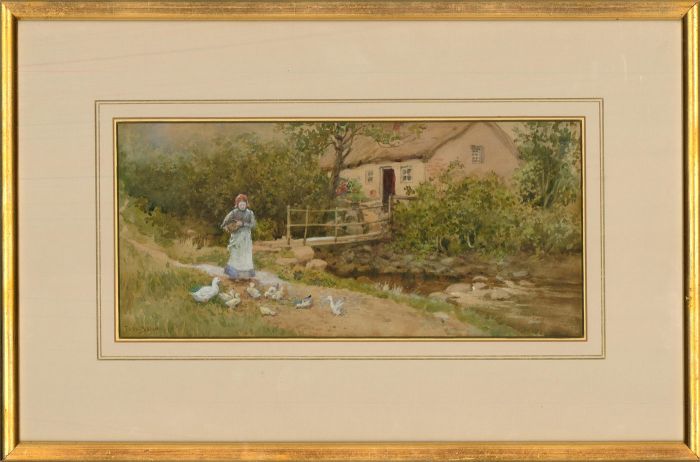 Fred Shaw (1848-1923) - Watercolour, Feeding Ducks On A Summer's Day