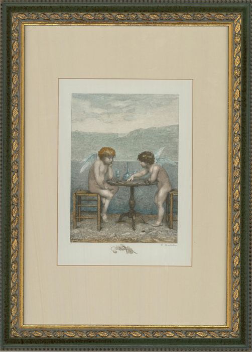 William Barbotin (1861-1931) after Aubert - French Etching, A Game of Draughts