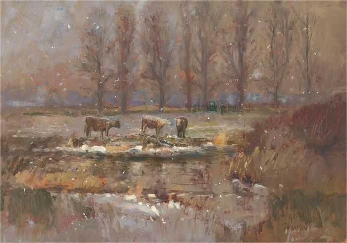 Keith Johnson (1931-2018) - Contemporary Oil, Cattle in the Snow