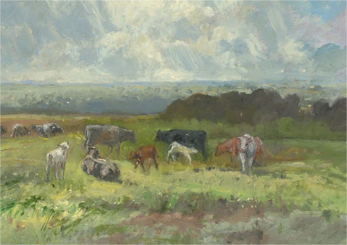 Keith Johnson (1931-2018) - Contemporary Oil, Black & White Cattle at Postwick