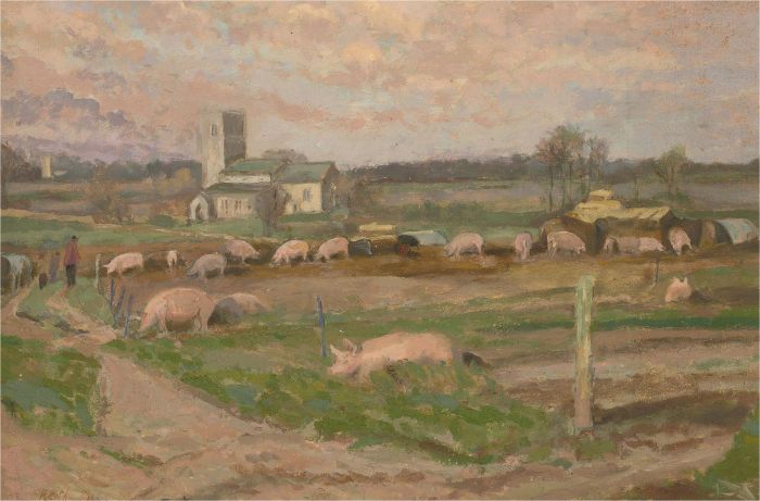 Keith Johnson (1931-2018) - Contemporary Oil, The Pigs at Rackheath Church