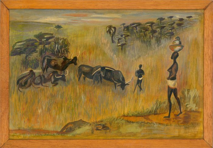20th Century Gouache - Herding the Cattle