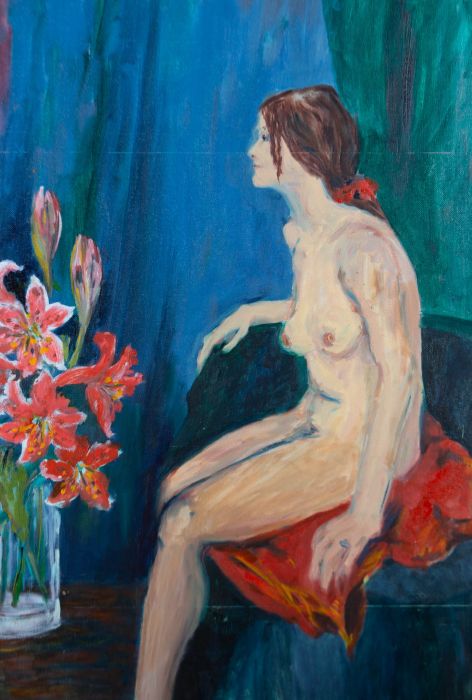 Contemporary Oil - Female Nude and Red Flowers