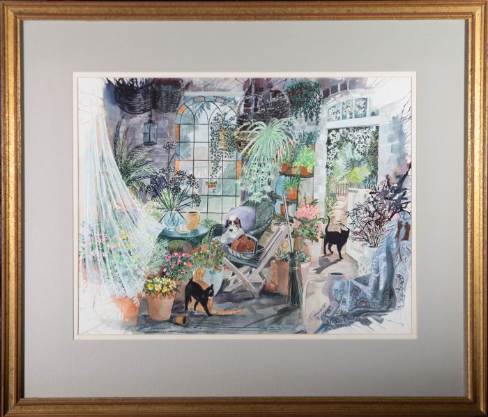 C. Fawcett - 1994 Gouache, Cats in the Greenhouse