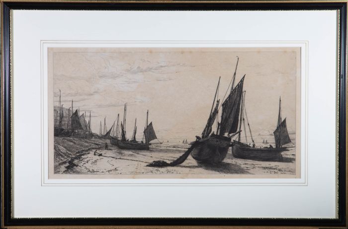 Frederick Slocombe (1847-1927) - 1877 Etching, Beach Scene with Fishing Boats