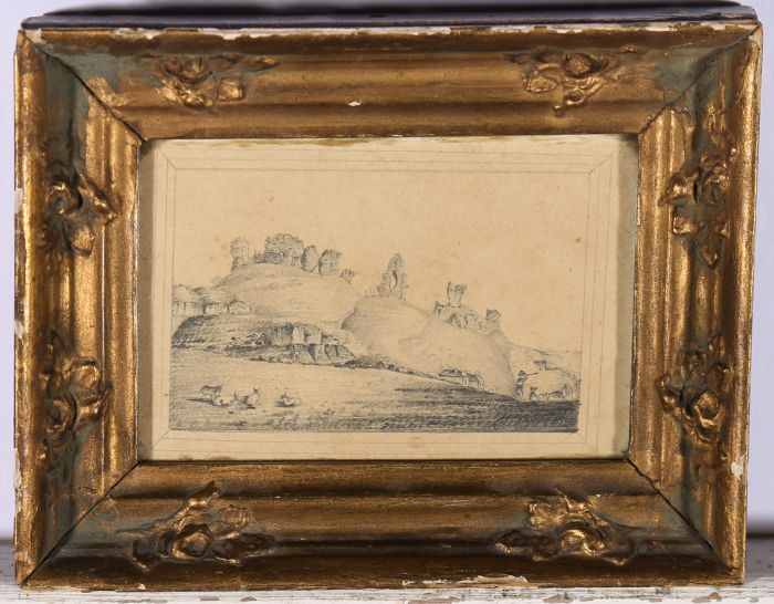 Miniature Mid 19th Century Graphite Drawing - The Remains of Hastings Castle