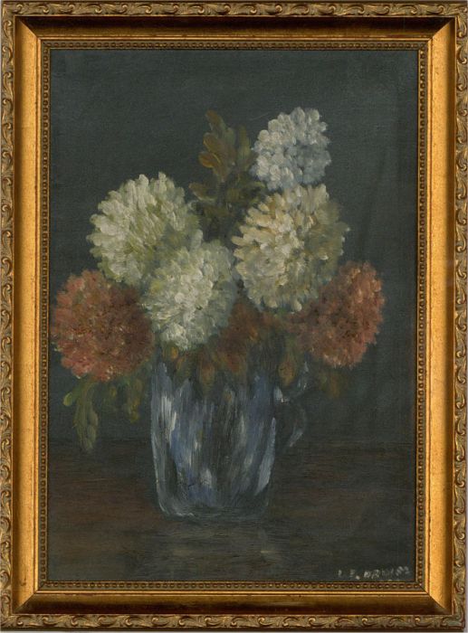 20th Century Oil - Chrysanthemums in Pale Blue Vase