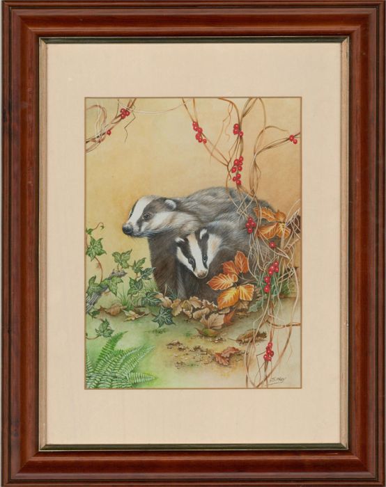 Sheila Hay - 20th Century Watercolour, Badgers in Autumn
