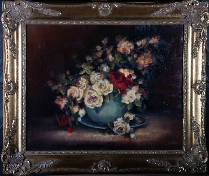 Claire A. Verity - Contemporary Oil, Roses in a Blue Bowl