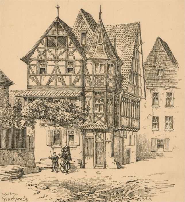 Alfred Bowyer Clayton (1795-1855) - c.1830 Pen Drawing, Timber House, Bacharach