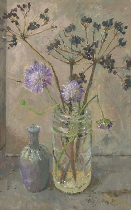 Keith Johnson (1931-2018) - Contemporary Oil, Purple Flowers in a Jar