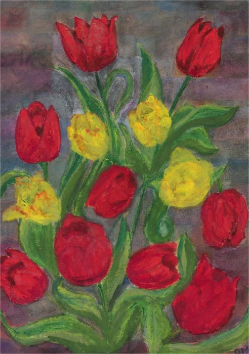 O.M.W. - 1976 Gouache, Red and Yellow Tulips