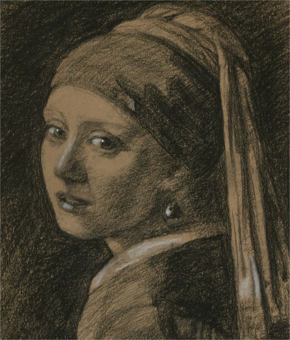 Contemporary Charcoal Drawing - Girl with a Pearl Earring, after Vermeer