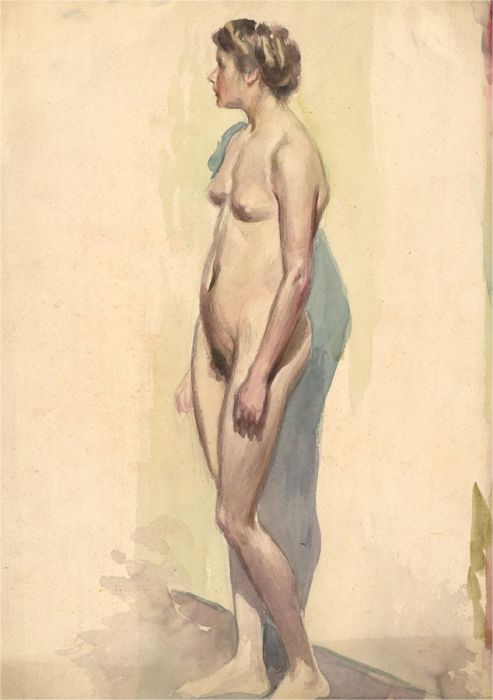 20th Century Watercolour - Standing Female Nude