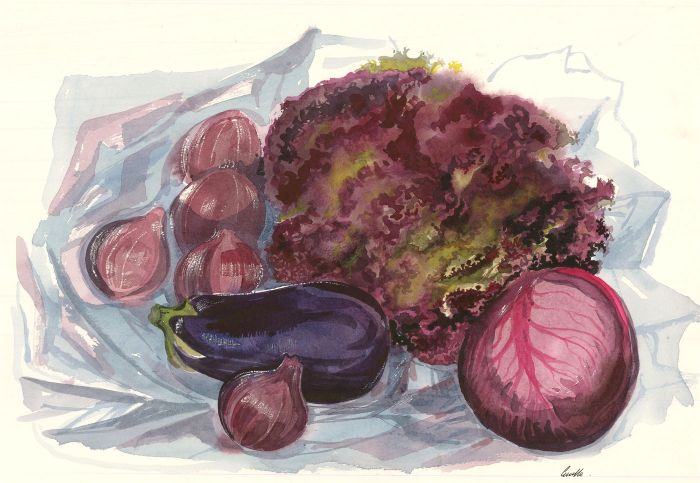 Pamela Guille ARCA - Contemporary Watercolour, Aubergine & Onion