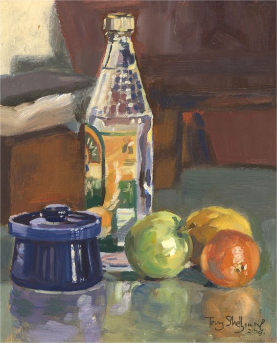 Terry Shelbourne (1930-2020) - 1999 Oil, A bottle and Fruit