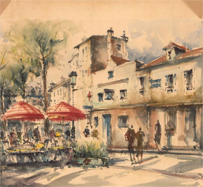 French Mid 20th Century Watercolour - Cafe