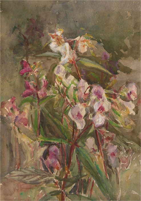 Early 20th Century Watercolour - Pink Flowers in Landscape