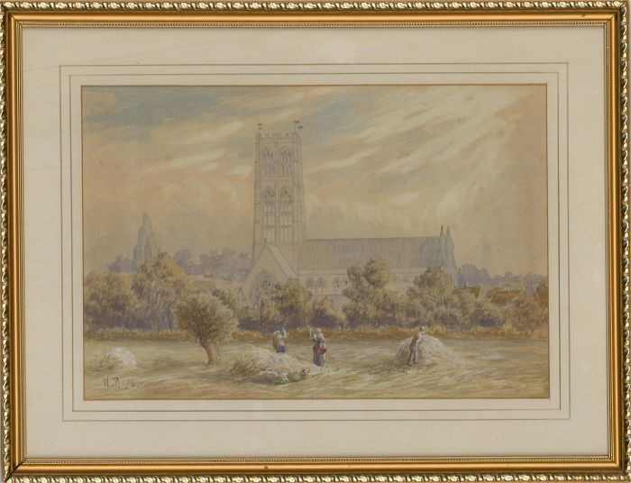 W.P. - 1878 Watercolour, Haymaking by the Church