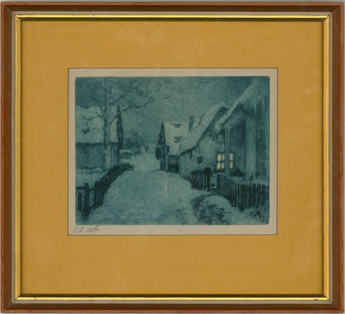 John William Vawter (1871–1941) - Early 20thC Etching, Snowy Village In The Dark