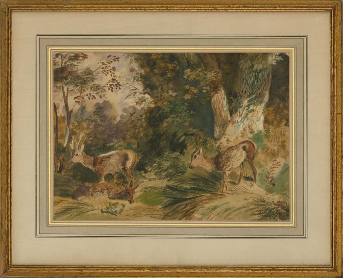 Attrib. Newton Smith Fielding (1799–1856)-Early 19thC Watercolour, Woodland Deer