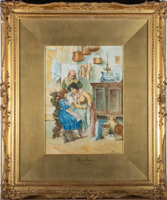 Ferini - Italian Early 20th Century Watercolour, The Lesson