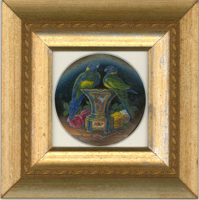 Barbara Valentine RMS - Contemporary Oil Miniature, Parrots on a Sevres Vase