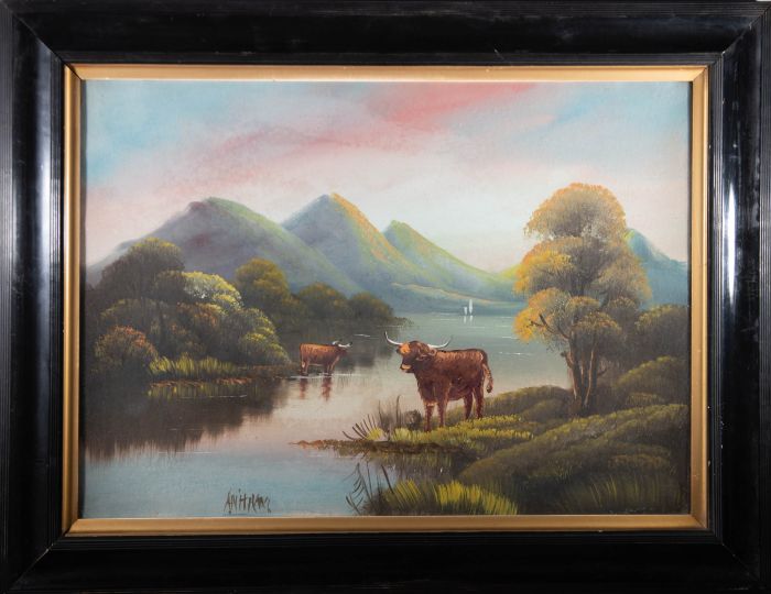 Early 20th Century Oil - Highland Cows At The Lake