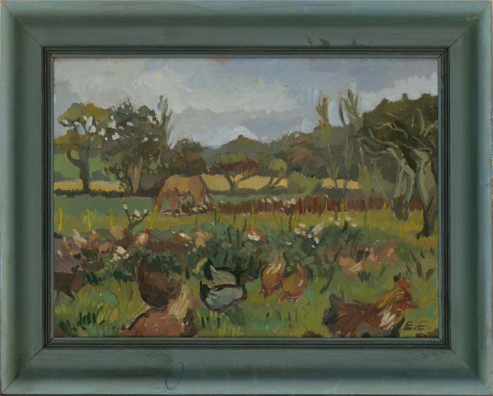 Elizabeth Ann Evans (b.1964) - 1988 Oil, Chickens In The Garden