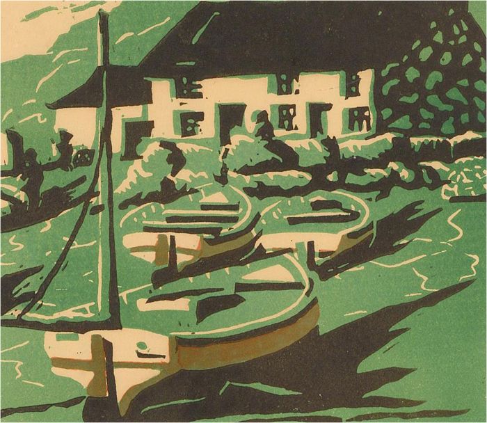 John Baron - Mid 20th Century Woodcut, Boats At Sennen II