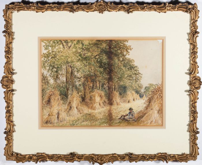 J.E. - 1872 Watercolour, Man and Dog in a Meadow